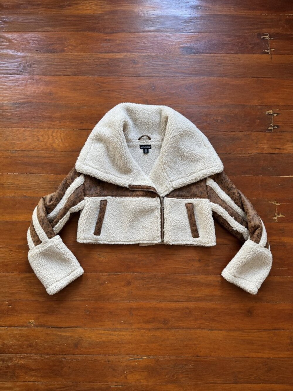 PrettyLittleThing Cropped Aviator Jacket - Brown/Cream - Size 6 / Small